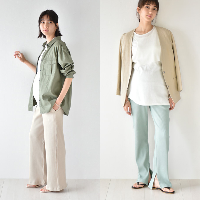 【2点で送料無料】【Buy 2 Get 5％OFF】マタニティママのリラクシングな こなれスタイルを演出する♪産後兼用リブテレコパンツ