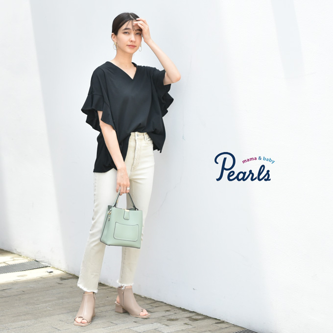 Pearls パールズ 日本製 授乳服 デザイン袖 ボリュームスリーブ 袖コンシャス 半袖 夏 マタニティ トップス Tシャツ チュニック Vネック 授乳口付き インナー カットソー 春夏 おしゃれ 可愛い 授乳ケープ一体型 妊婦服 妊婦