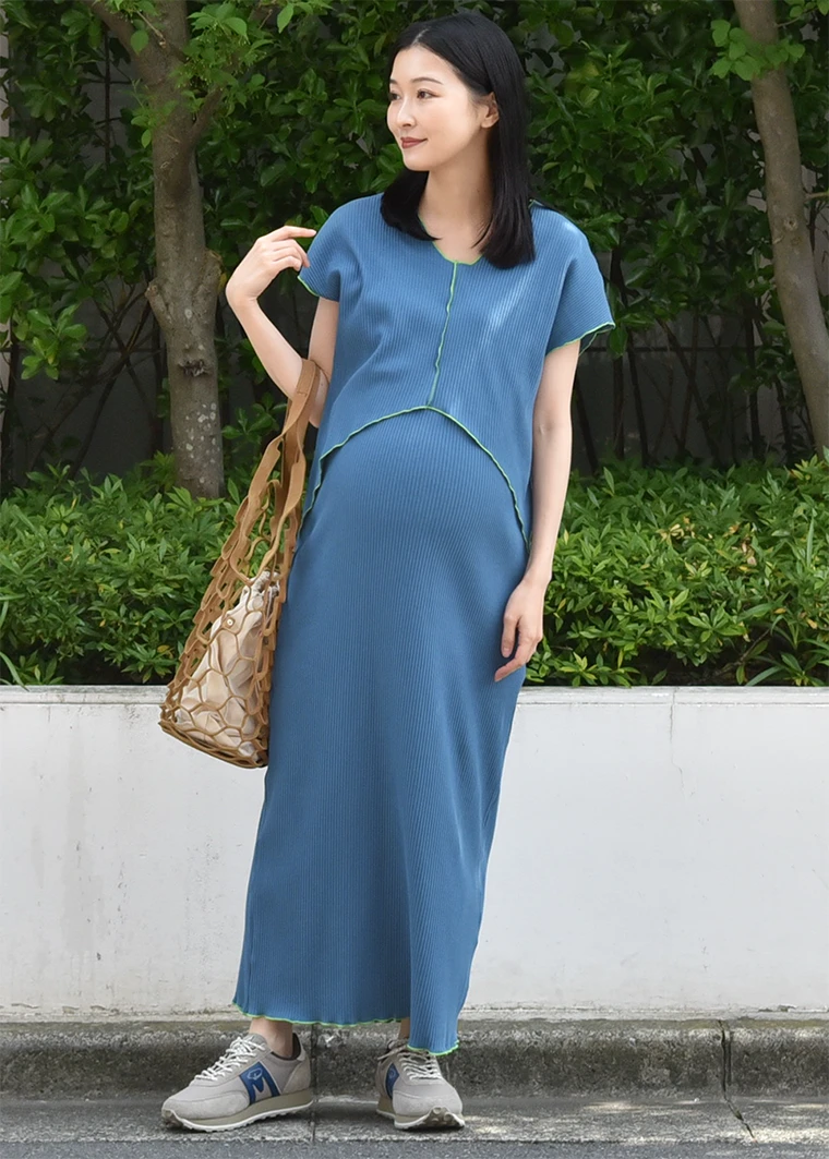 授乳ケープ一体型 袖丈が選べる春夏リブ素材のマキシ丈ラウンジワンピース