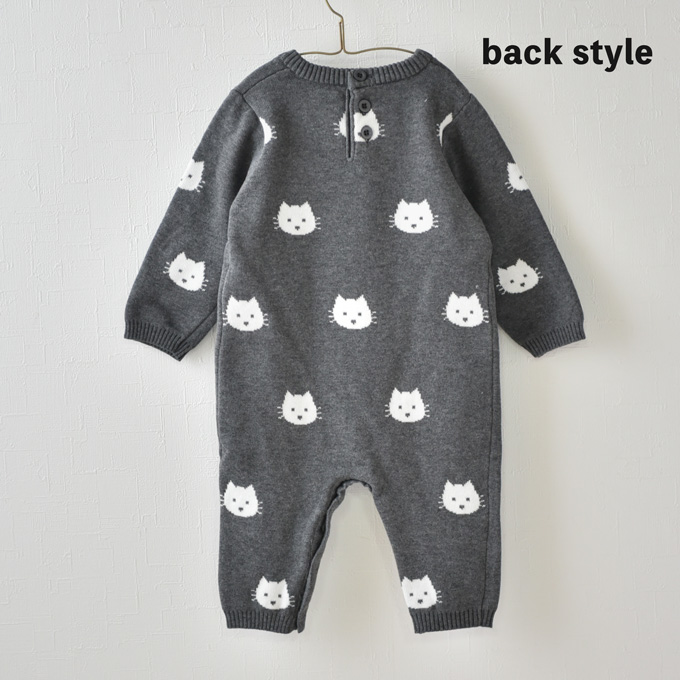白猫黒　PETIT BATEAU カバーオール ネコ柄インターシャのニットカバーオール Pearls パールズ